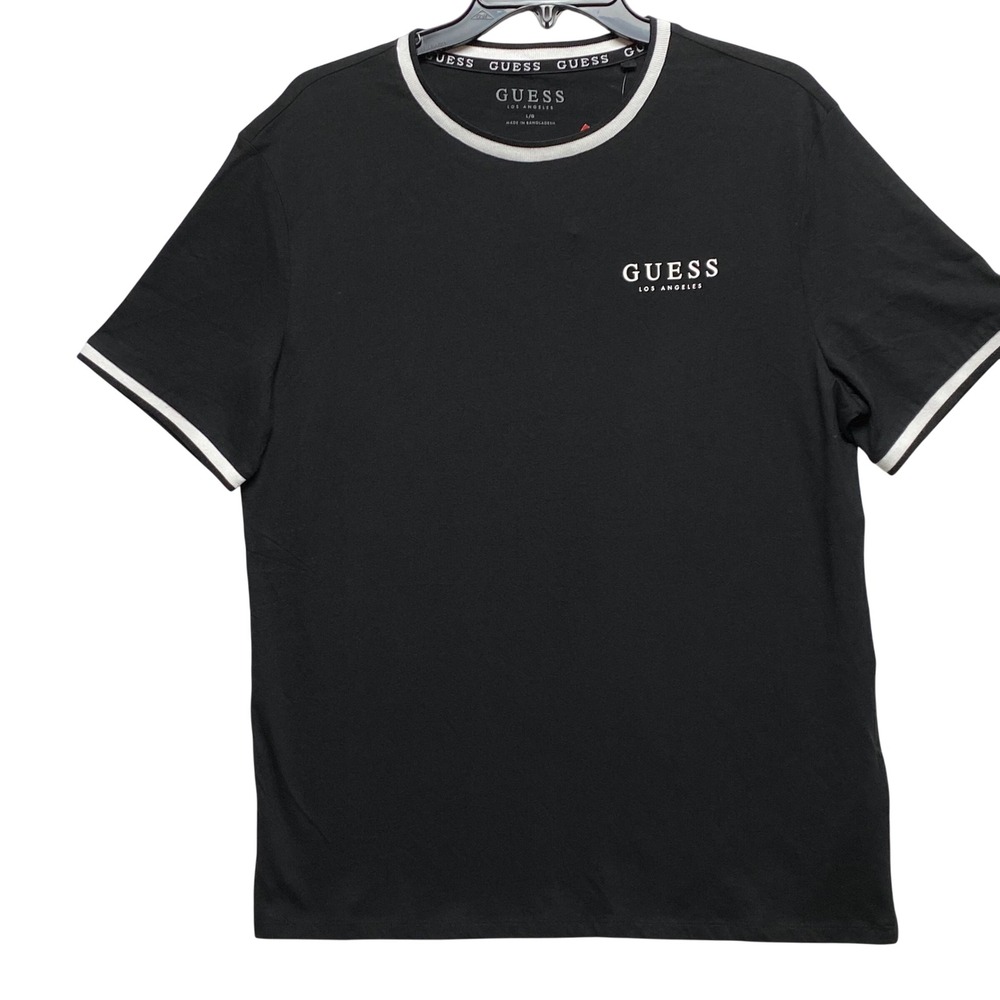 Guess Mens Black Ringer T-Shirt White Logo Crew Neck Large NWT - Picture 3 of 6